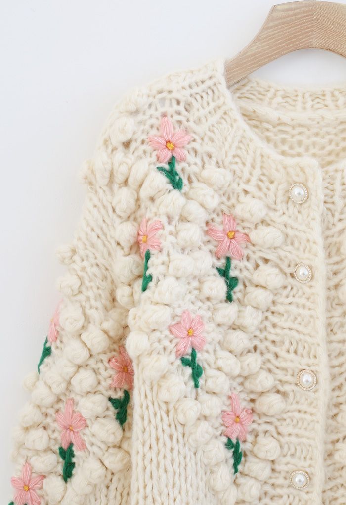 Stitch Floral Diamond Pom-Pom Hand Knit Cardigan | Chicwish