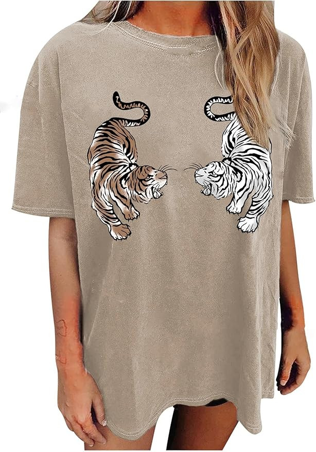 Avanova Women Tigers Graphic Oversized Tee Top Short Sleeve Loose Crewneck Summer T-Shirt | Amazon (US)
