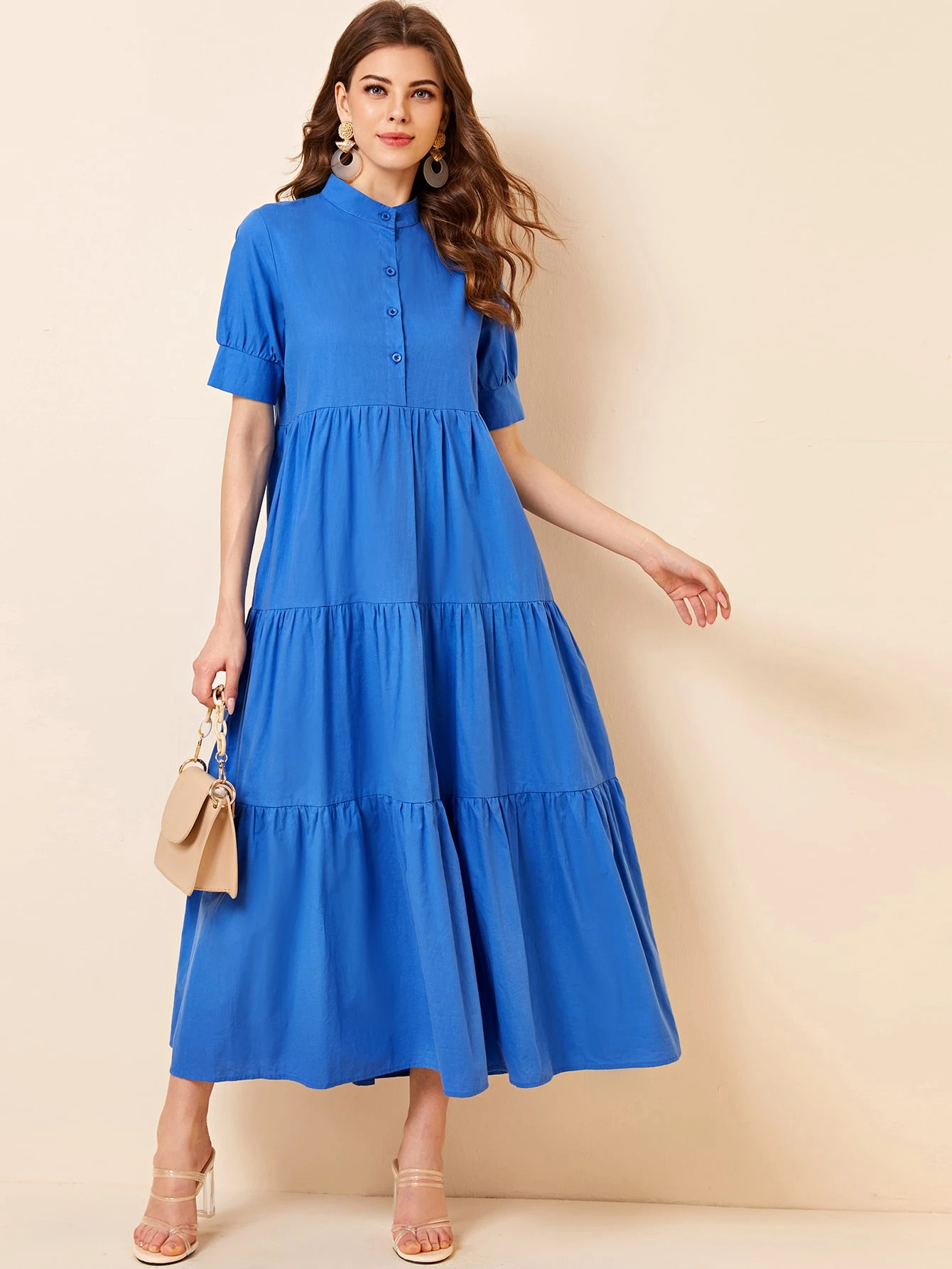 Stand Collar Button Up Smock Dress | SHEIN