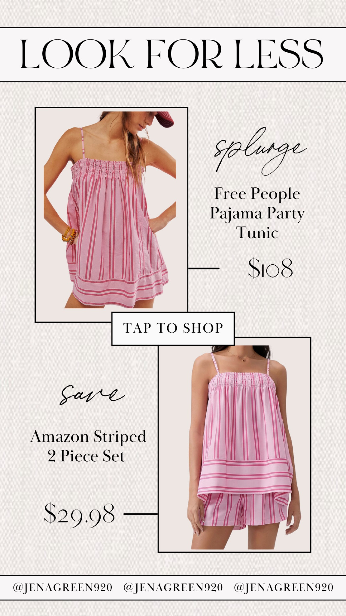 Look For Less | Save vs Splurge | Free People Tunic | Amazon Boxer Shorts Set | Striped Tank Tunic 

#LTKFindsUnder50 #LTKStyleTip #LTKFindsUnder100