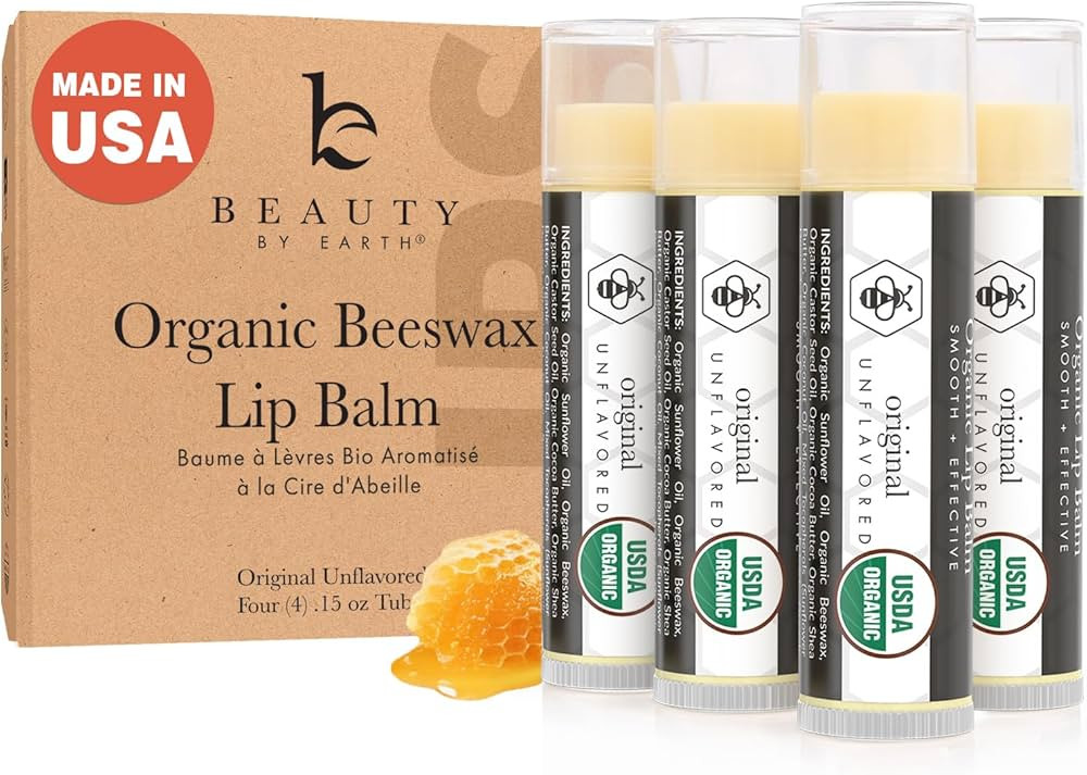 USDA Organic Lip Balm - USA Made with Natural Ingredients, 4 Pack Unflavored Chapstick for Dry Li... | Amazon (US)