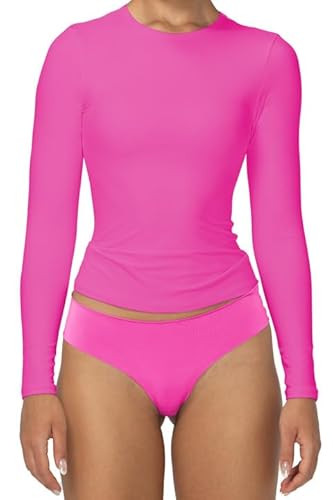 Sunzel Pink Long Sleeve T Shirts for Women with Crew Neck, Double Lined Tops Slim Fit Basic Tee, Casual Undershirt Outfits, Hot Pink, Large | Amazon (US)