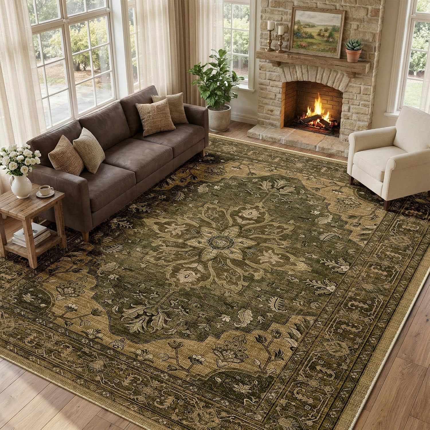 RELEANY Washable Area Rug, 8'x10', Brown/Dark Brown | Amazon (US)