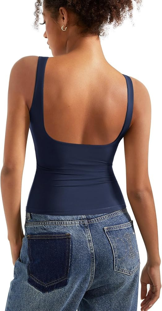 SUUKSESS Women Padded Open Back Boat Neck Tank Tops Double Lined Basic Shirts | Amazon (US)