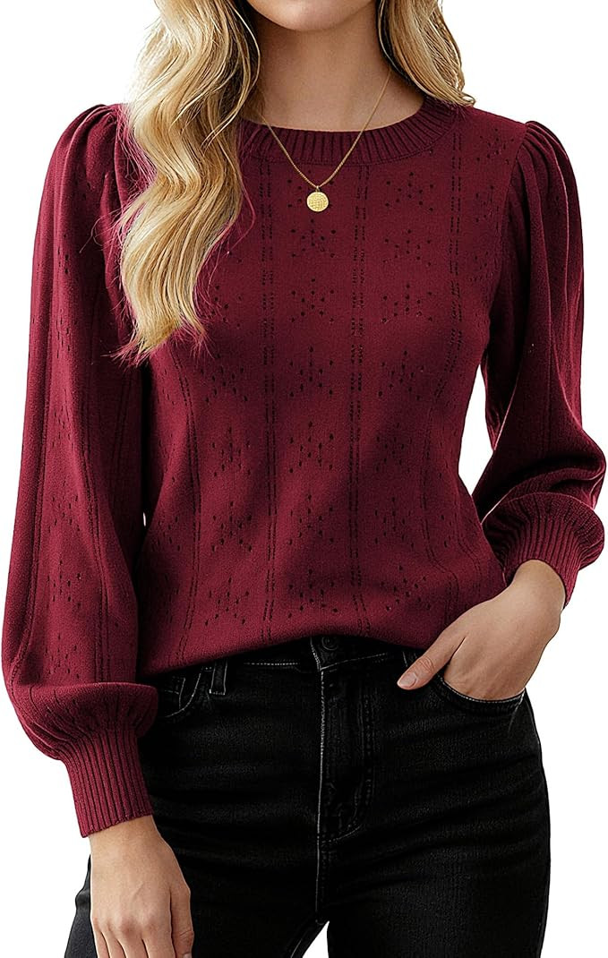 GRACE KARIN Women's Long Lantern Sleeve Crew Neck Crochet Top Hollow Out Fall Pullover Sweater | Amazon (US)