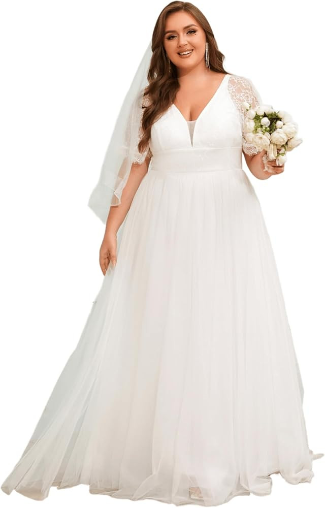 Ever-Pretty Plus Women's Lace V Neck A Line Short Sleeves Long Simple Bridal Gown Plus Size Weddi... | Amazon (US)