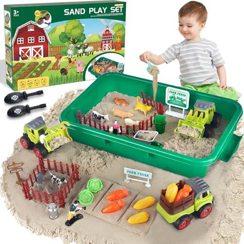 Farm Sensory Bin, Farm Sensory Kits Toy with 2.2lbs Play Sand, 31pcs Animals Trucks Creativity Magic Sand Box with Lid, Christmas Birthday Gift for Boys Kids Toddlers Ages 3 4 5 6 7 8 | Amazon (US)