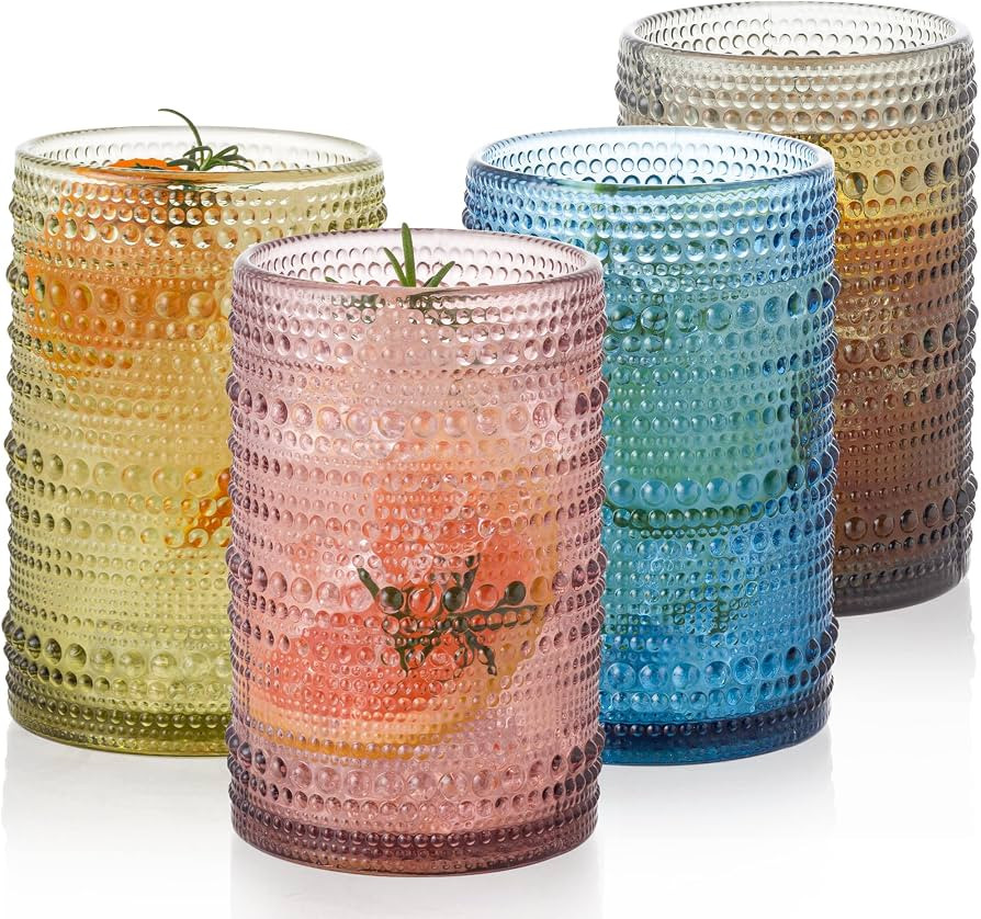 Vintage Glassware Set - 4pcs Multicolor 15.2oz Hobnail Drinking Glasses for Beer, Cocktail, Soda ... | Amazon (US)