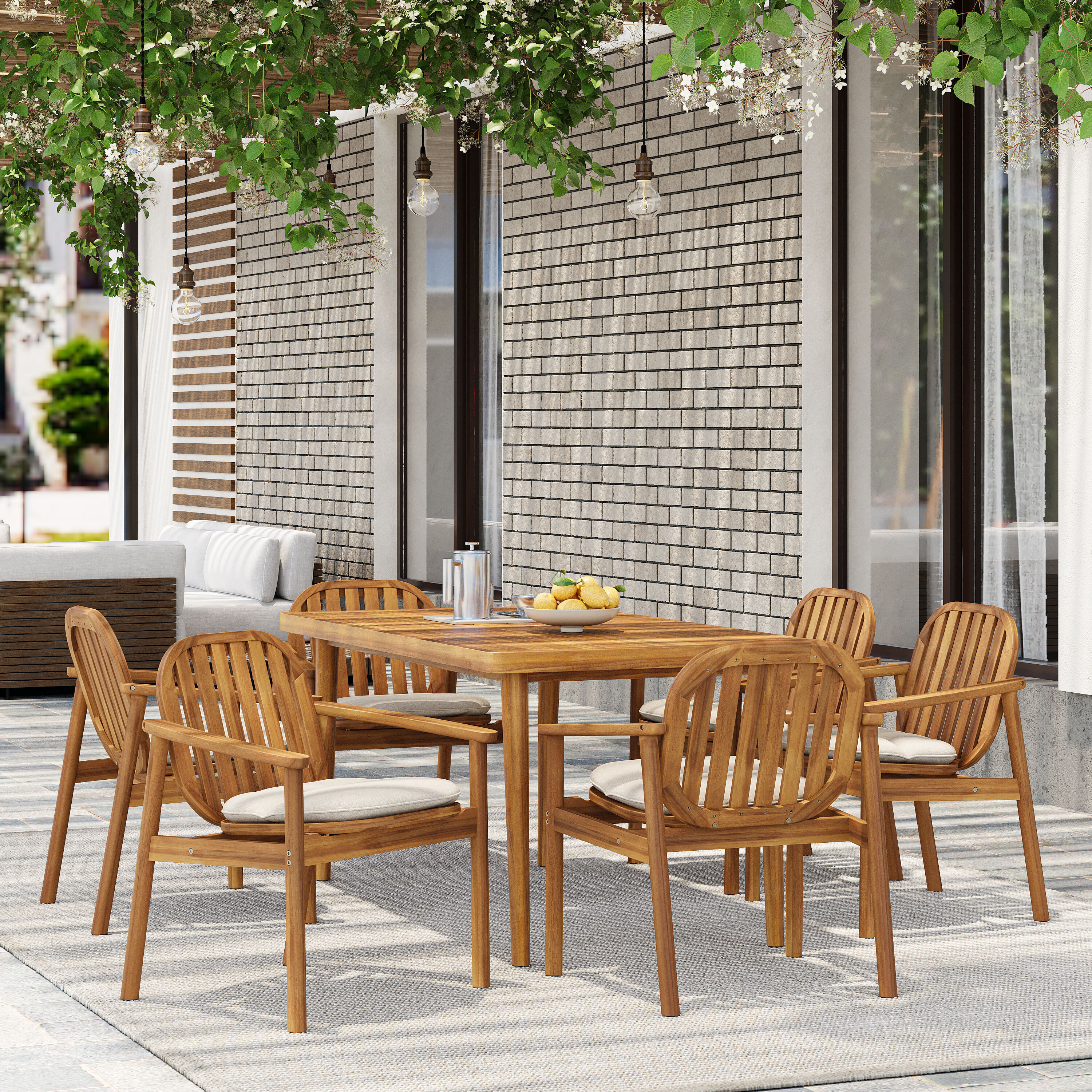 Mondawe 7-Piece Acacia Wood Outdoor Dining Set Umbrella Hole Beige Cushions one_size | MO-NHL-MEJA | Lowe's