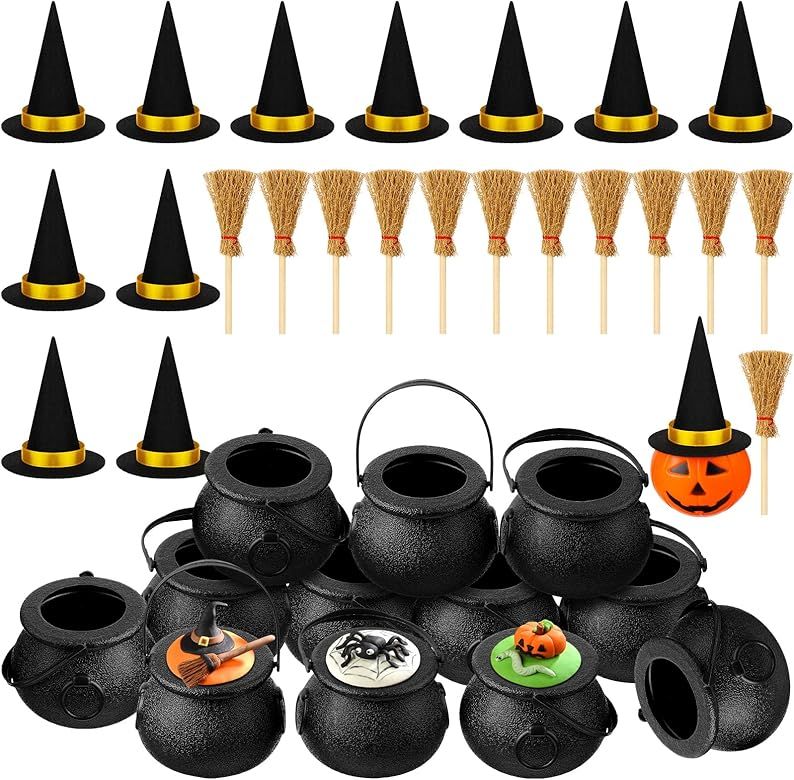 36 Pcs Mini Felt Witch Hats Witches Broom and Candy Cauldron Kettles Set Mini Brooms with Red Rop... | Amazon (US)