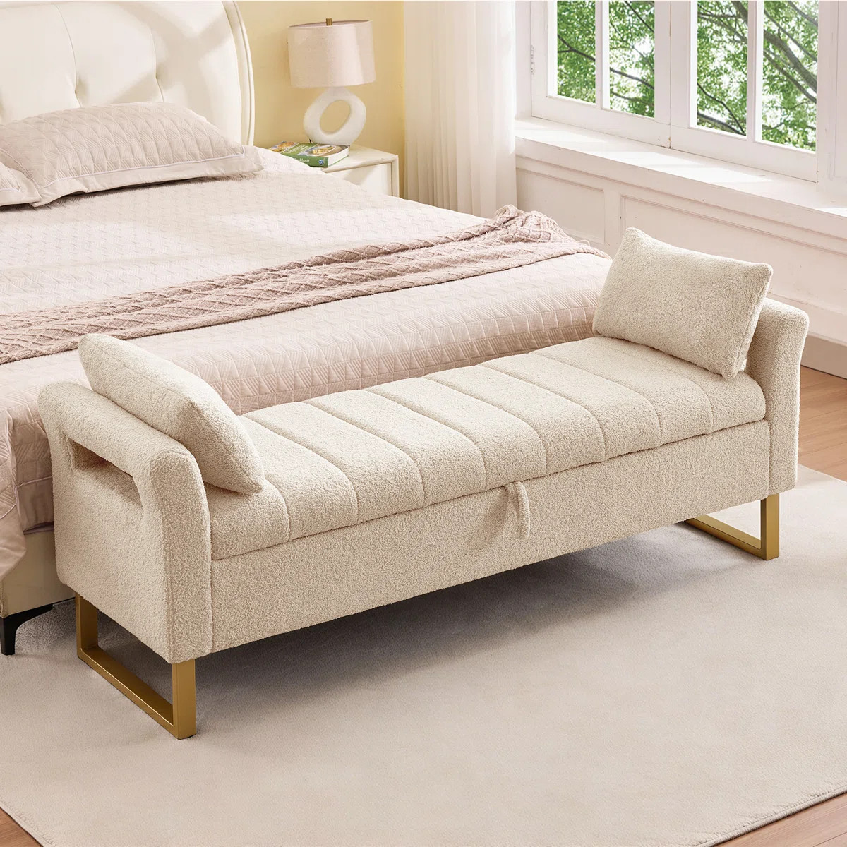 66"W Upholstered Flip Top Teddy Storage Bench King Size with Gold Legs,Curverd Armrest and 2 Pill... | Wayfair North America