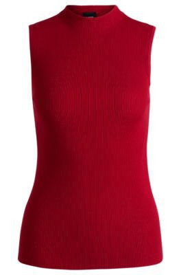 Sleeveless mock-neck top in ribbed fabric- Red Women's Clothing size S | Hugo Boss (US)