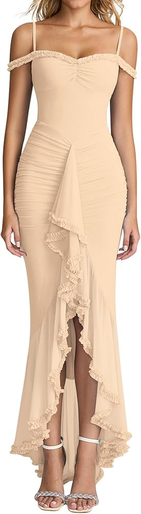 KUTUMAI Women Ruffle Bodycon Maxi Dress Ruched Long Formal Cocktail Wedding Guest Dresses | Amazon (US)