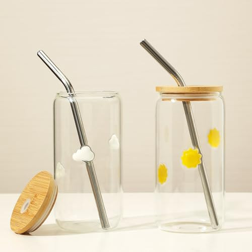 Honeydak 2 Pcs Icon Juice Glass Tumbler with Lid & Straw - 18 oz Cloud and Sun Icon Can Shape Glass Cups Coffee Juice Beer Soda Drinking Cup for Summer Halloween Christmas Party Supplies Gift | Amazon (US)