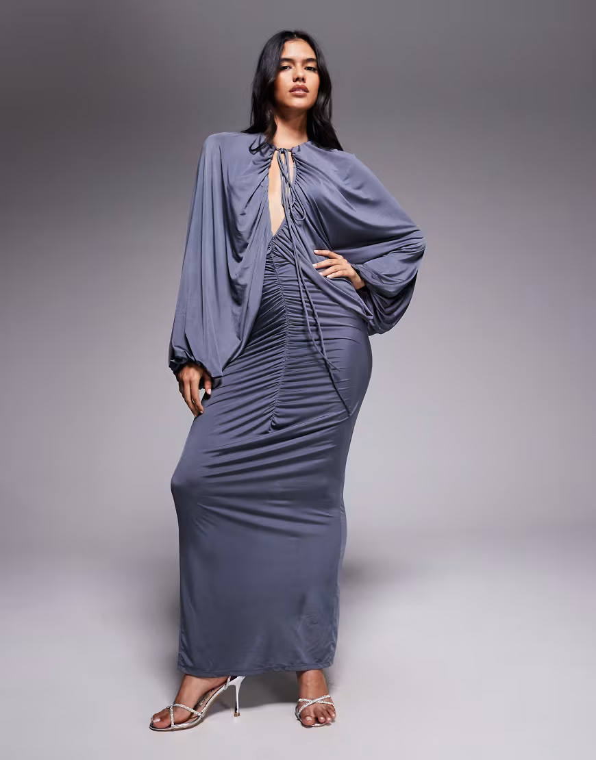 ASOS DESIGN slinky winged sleeve ruched maxi dress in charcoal gray | ASOS (Global)