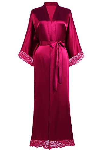 BABEYOND Satin Kimono Robe Silky Long Bridesmaid Wedding Lightweight Bath Robe with Lace Trim | Amazon (US)