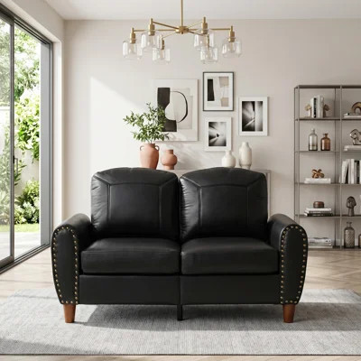 59 Inch Upholstered PU Leather Loveseat, Classic Rolled Arm Sofa with Nails, Solid Wood Leg Breathable Faux Leather Couch | Wayfair North America