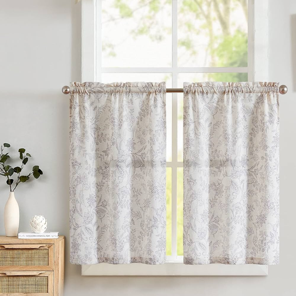 Lazzzy Kitchen Curtains Tier Curtains Linen Curtains Farmhouse Floral Gray Kitchen Cafe Curtains ... | Amazon (US)