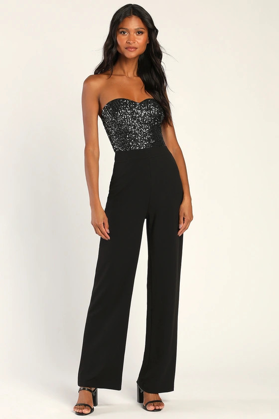 Total Hottie Black Sequin Strapless Jumpsuit | Lulus