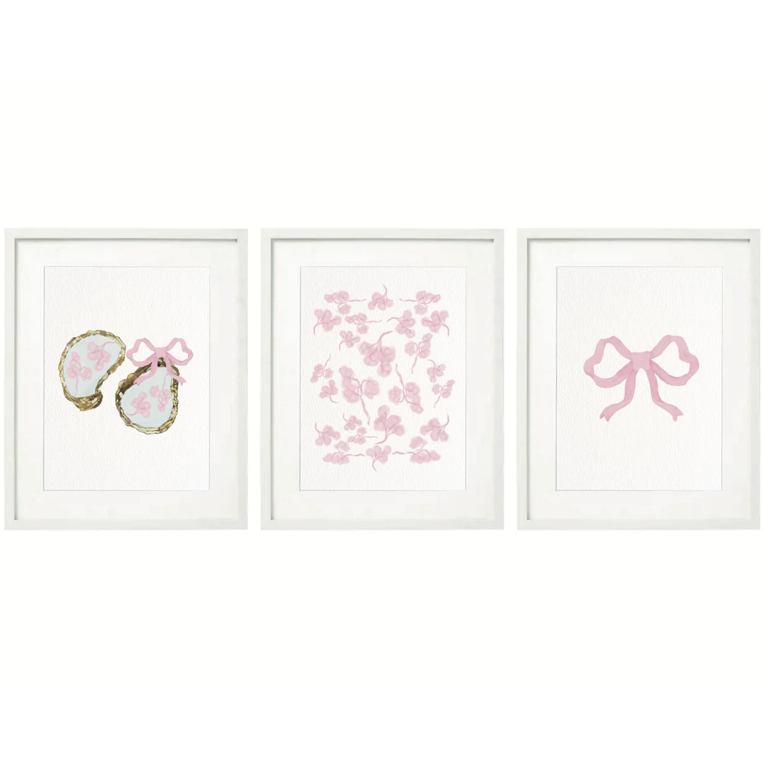 Set of Three Chinoiserie Printable Art Home Wall Art Chinoiserie Light Pink Bow Oysters Floral Po... | Etsy (US)