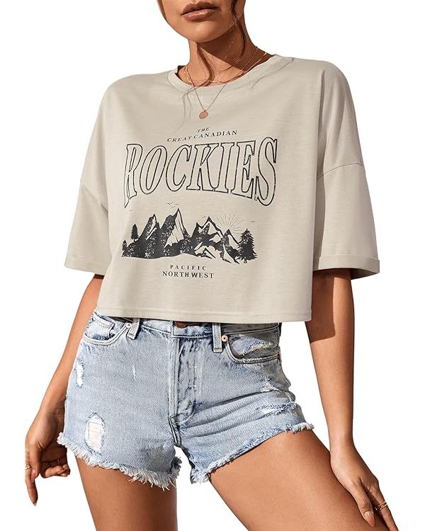 SweatyRocks Women's Letter Graphic Print Streetwear Tops Summer Half Sleeve Crop Loose Casual Tee... | Amazon (US)