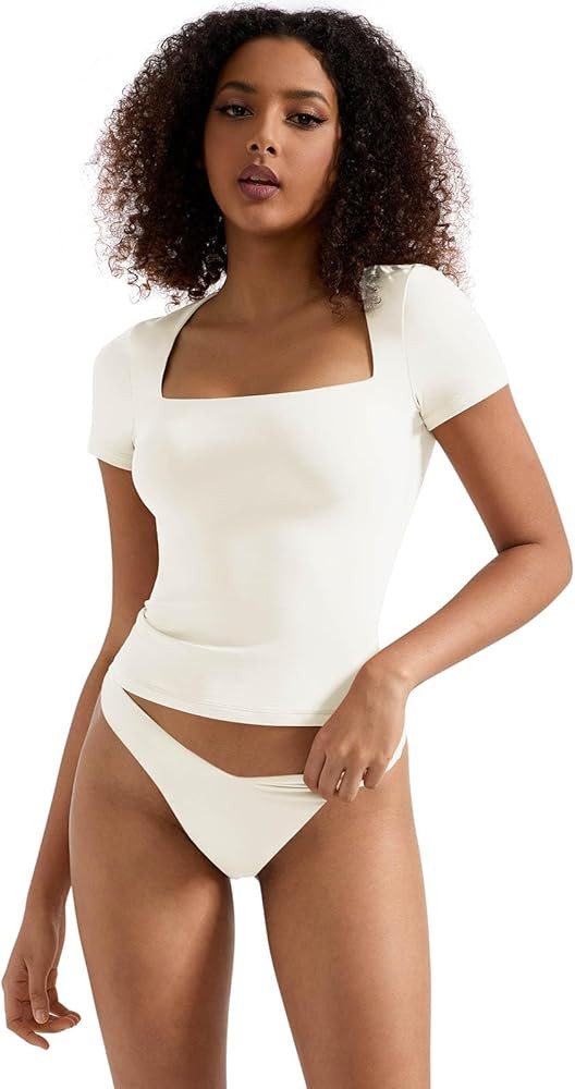 SUUKSESS Women Double Lined Fitted Basic Tee Square Neck Short Sleeve Y2K Crop Top | Amazon (US)