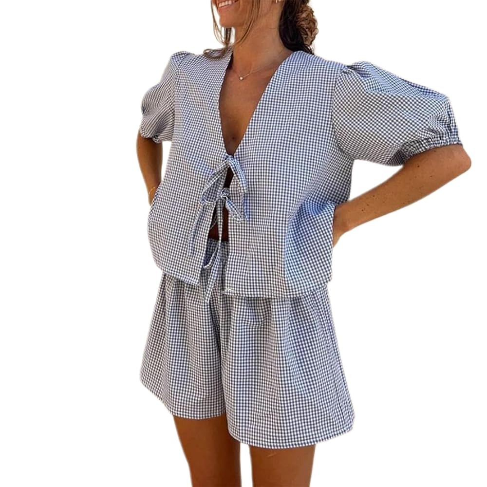 Sastianaen Women 2 Piece Pajamas Set Puff Sleeve Tie Front Top and Shorts Set Plaid Two Piece Lou... | Amazon (US)