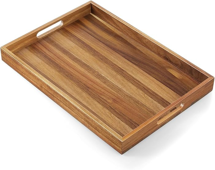 17 Inch Acacia Wood Serving Tray with Handles - Large Wooden Tray for Ottoman, Breakfast in Bed, ... | Amazon (US)