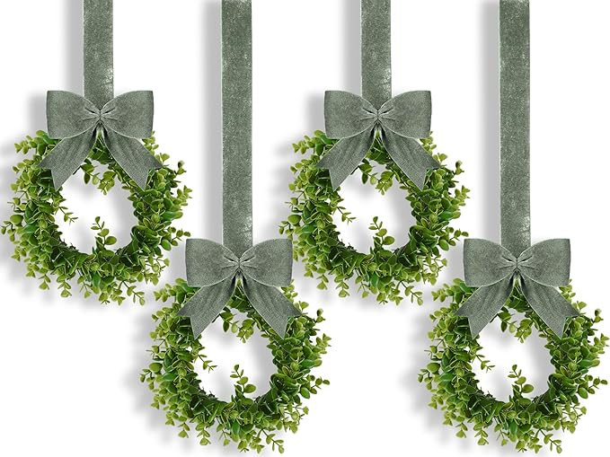 4 Pieces Faux Kitchen Cabinet Wreaths Boxwood Wreaths with Ribbon Artificial Green Leaves Wreaths... | Amazon (US)