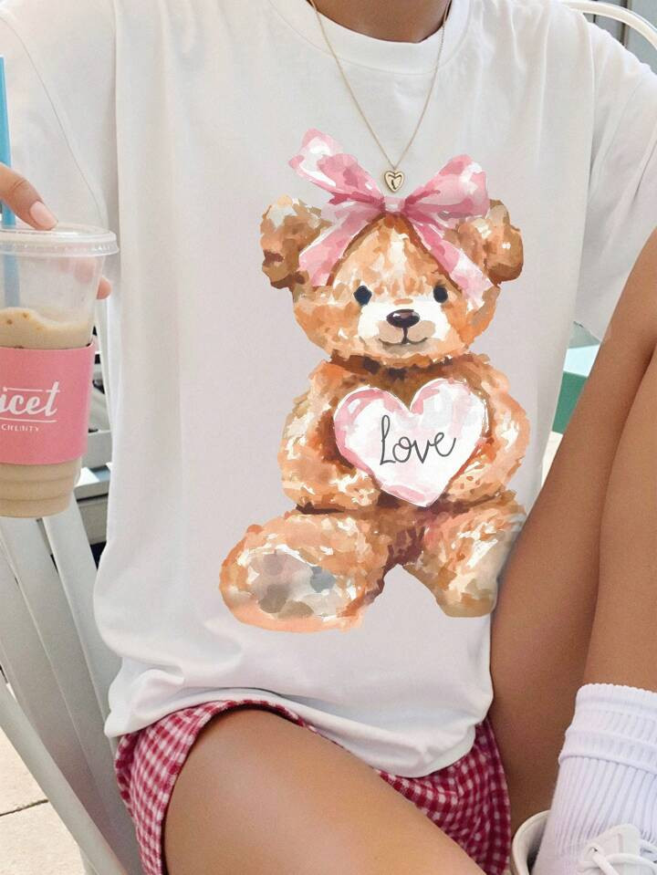 SHEIN EZwear Valentine's Day Cartoon Cute Fashion Trendy Lucky Love & Teddy Bear Plush Doll Bow T... | SHEIN
