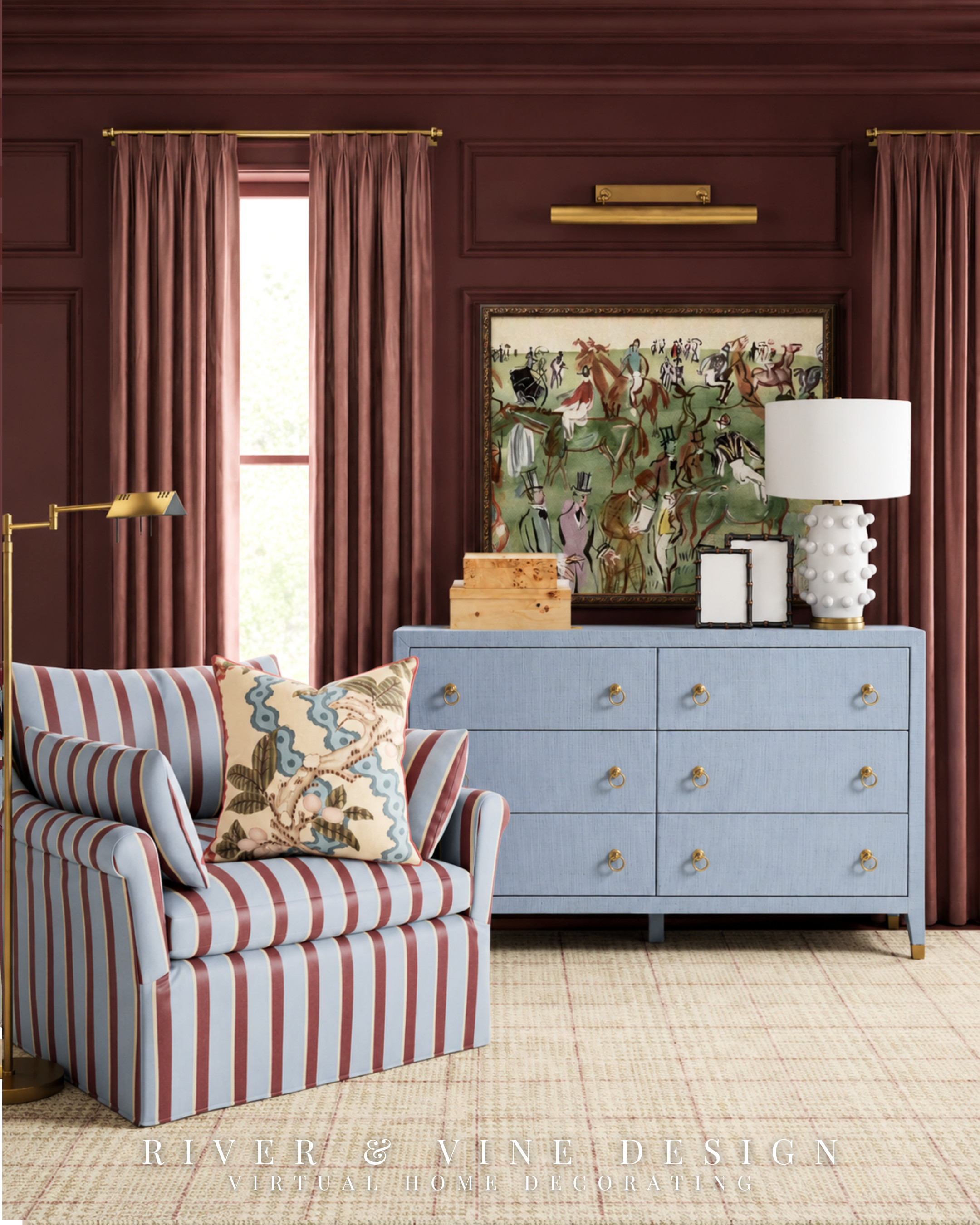 Matching every piece is one of the quickest ways to make a room feel flat. A collected traditional bedroom needs contrast—not a complete set.

The pale blue dresser and striped chair break up the surrounding burgundy while still belonging to the same color story. The key is repetition: blue reappears in the pillow and artwork, burgundy moves from the walls to the chair’s stripe, and brass hardware connects the furniture to the lighting. Each piece is different, but the repeated colors make the mix feel intentional.

Tap to explore the dresser, accent chair, lighting, artwork and finishing pieces used in this side of the room.

blue bedroom dresser, striped accent chair, collected traditional decor, burgundy and blue bedroom, classic bedroom sitting area, patterned accent chair, traditional dresser styling, layered bedroom decor

I may receive a commission from purchases made through my links.
 

 #LTKHome