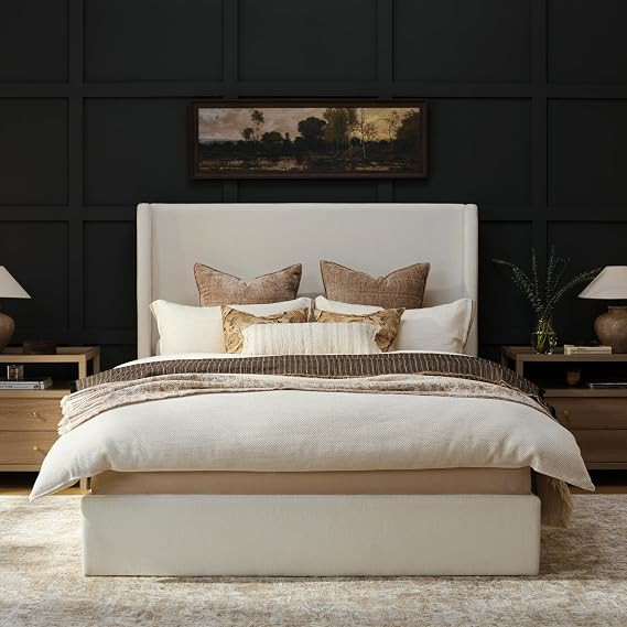 RECCI Queen Bed Frame with 53'' Extra Tall Wingback Headboard, Low Profile Grounded Upholstered P... | Amazon (US)