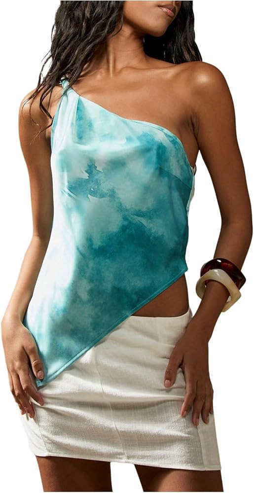 MakeMeChic Women's Satin Tie Dye One Shoulder Tank Silk Twist Sleeveless Going Out Tops | Amazon (US)