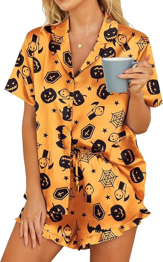 HOTOUCH Womens Satin Pajamas Set Button Down 2 Piece Silk Pjs Shorts Set Ruffle Lingerie Notch Co... | Amazon (US)