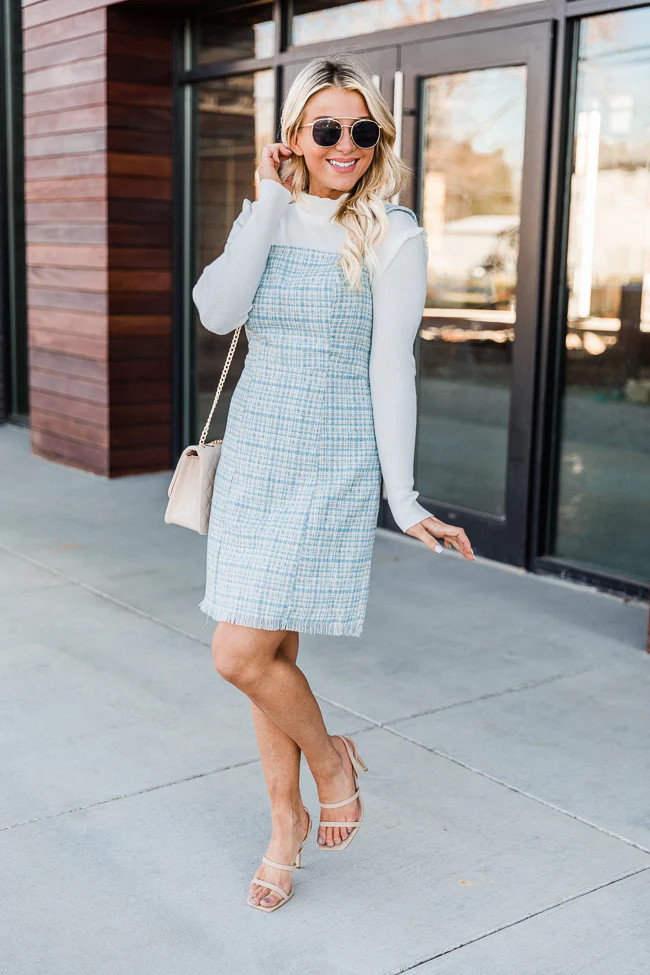 Escape Today Blue Tweed Jumper Dress | The Pink Lily Boutique