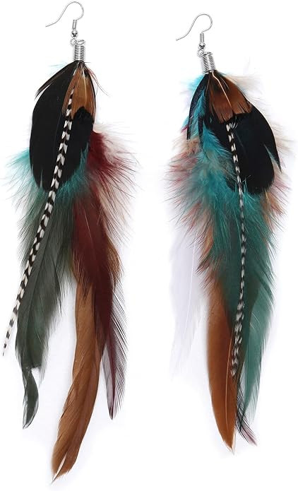 Handmade Natural Feather Dangle Earrings Vintage Bohemian Multicolor Pheasant Feathers for Womens... | Amazon (US)