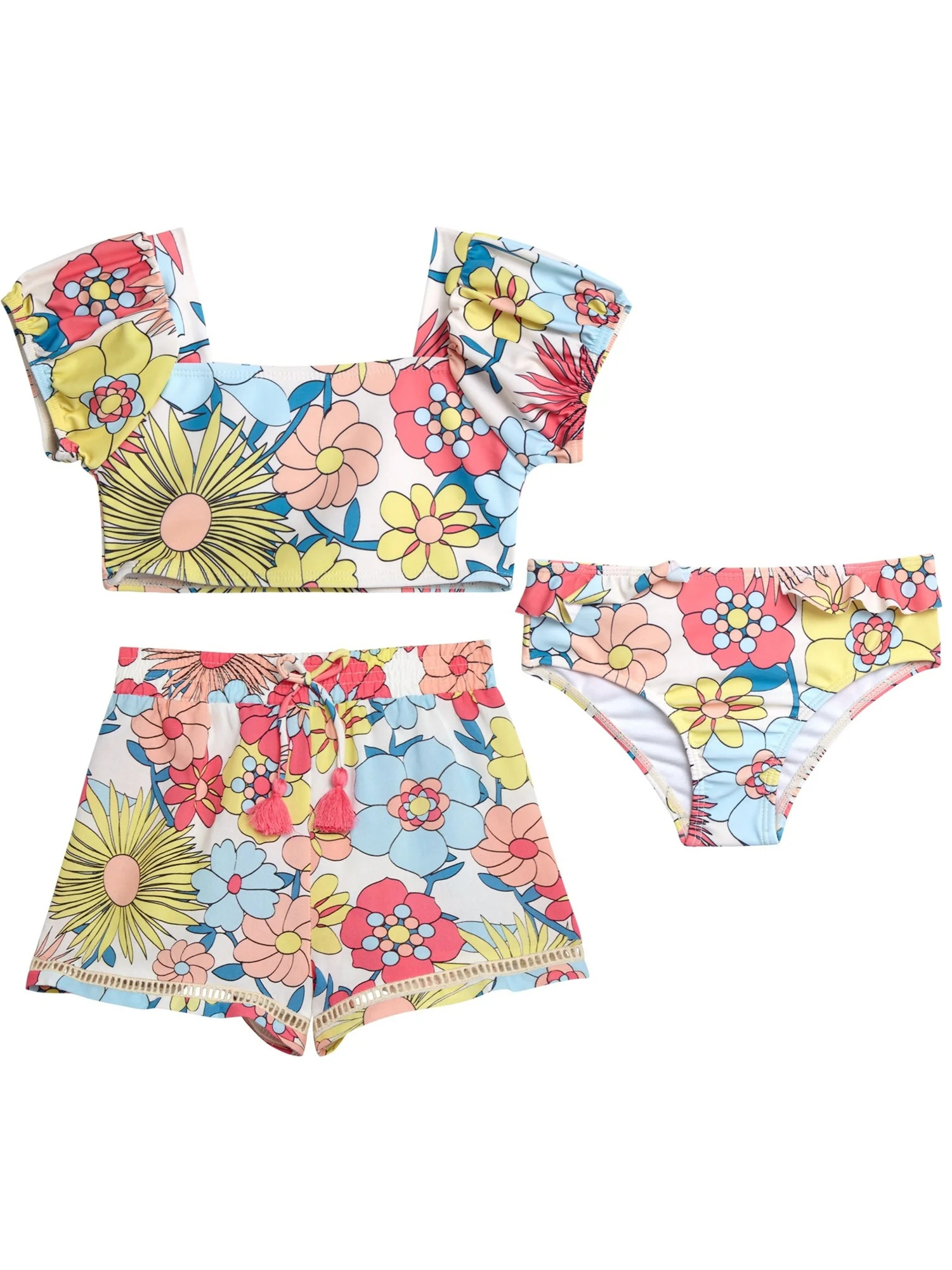 Jessica Simpson Toddler Girl Swimsuit Set with Shorts, 3- Piece Set, Sizes 2T-4T | Walmart (US)