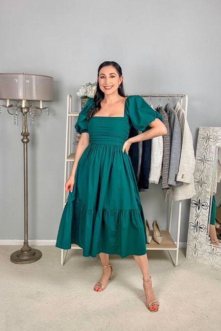 Girly wedding guest outfit 💚

Green puff sleeve midi dress size small, TTS (last years version, linked this years) 
Gold ankle strap kitten heels size 7, TTS

Wedding guest outfit 
Green dress 
Dress with pockets 
Puff sleeves 
Special occasion 
Summer dress 
Fall dress 
Midi dress 

#LTKshoecrush #LTKwedding #LTKSeasonal