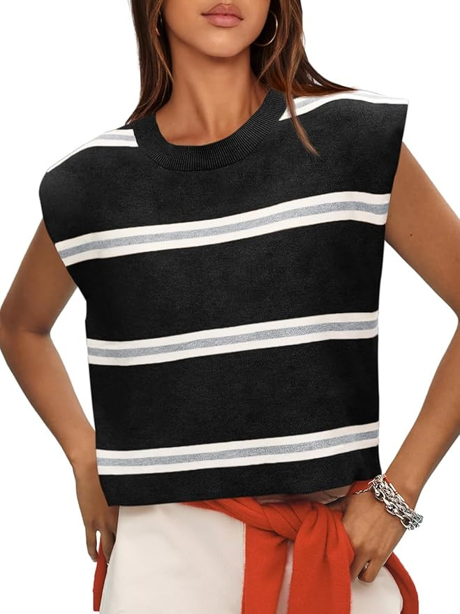 Saodimallsu Womens Striped Sleeveless Sweater Vest Cap Sleeve Crew Neck Loose Fit Knit Summer Cro... | Amazon (US)