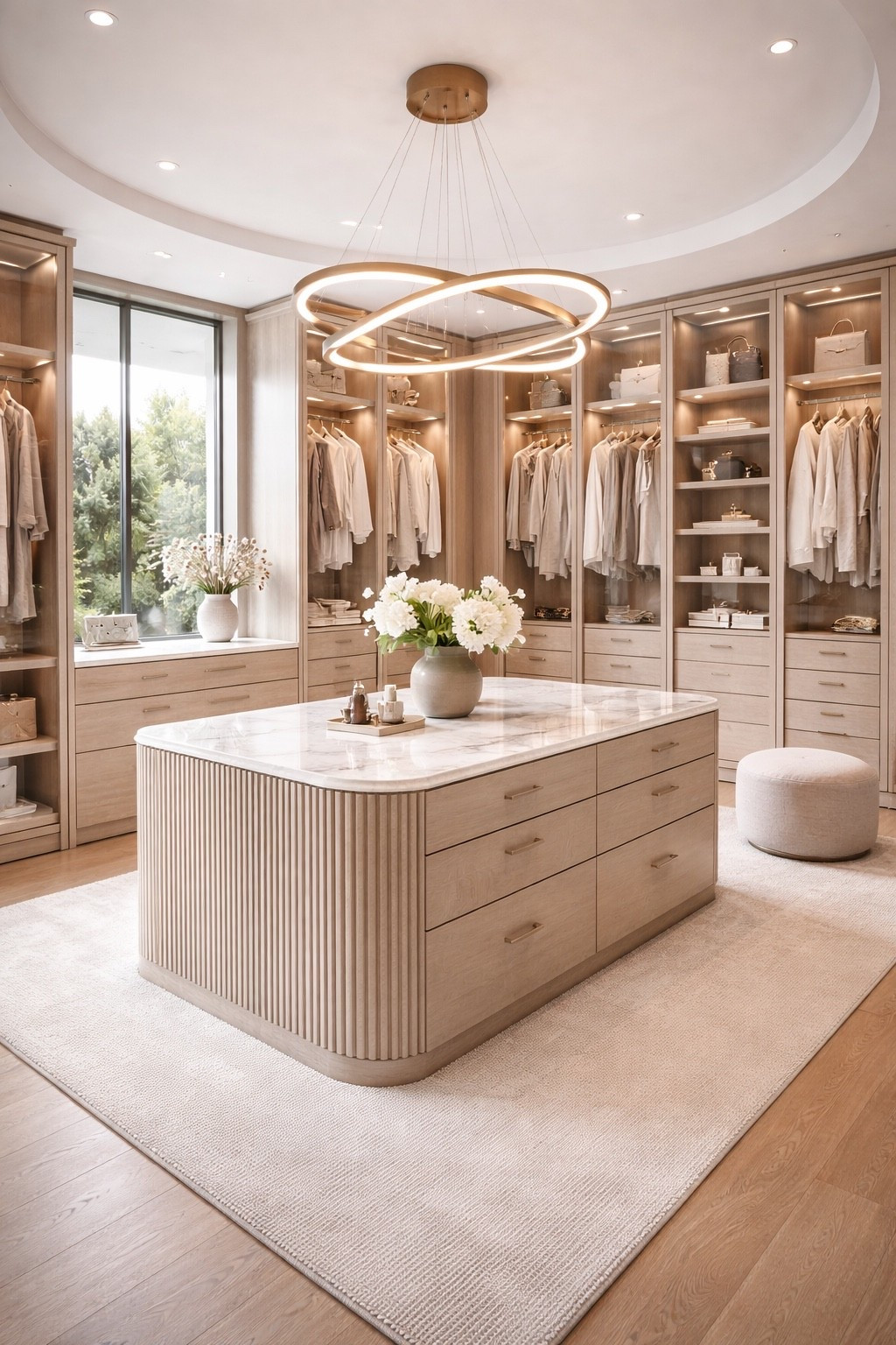 Elegant walk-in closet design featuring a large storage island with drawers, built-in shelving for clothing and accessories, and a modern sculptural LED chandelier. Soft neutral tones, warm wood finishes, and a minimalist layout create a luxurious and organized dressing space perfect for a modern home or dream closet inspiration.

#walkincloset
#closetdesign
#luxurycloset
#dreamcloset
#closetinspo
#modernhome
#interiordesign
#homedecor
#luxuryinterior
#closetorganization
#neutraldecor
#pinteresthome
#ltkhome
#moderninterior
#homeinspiration