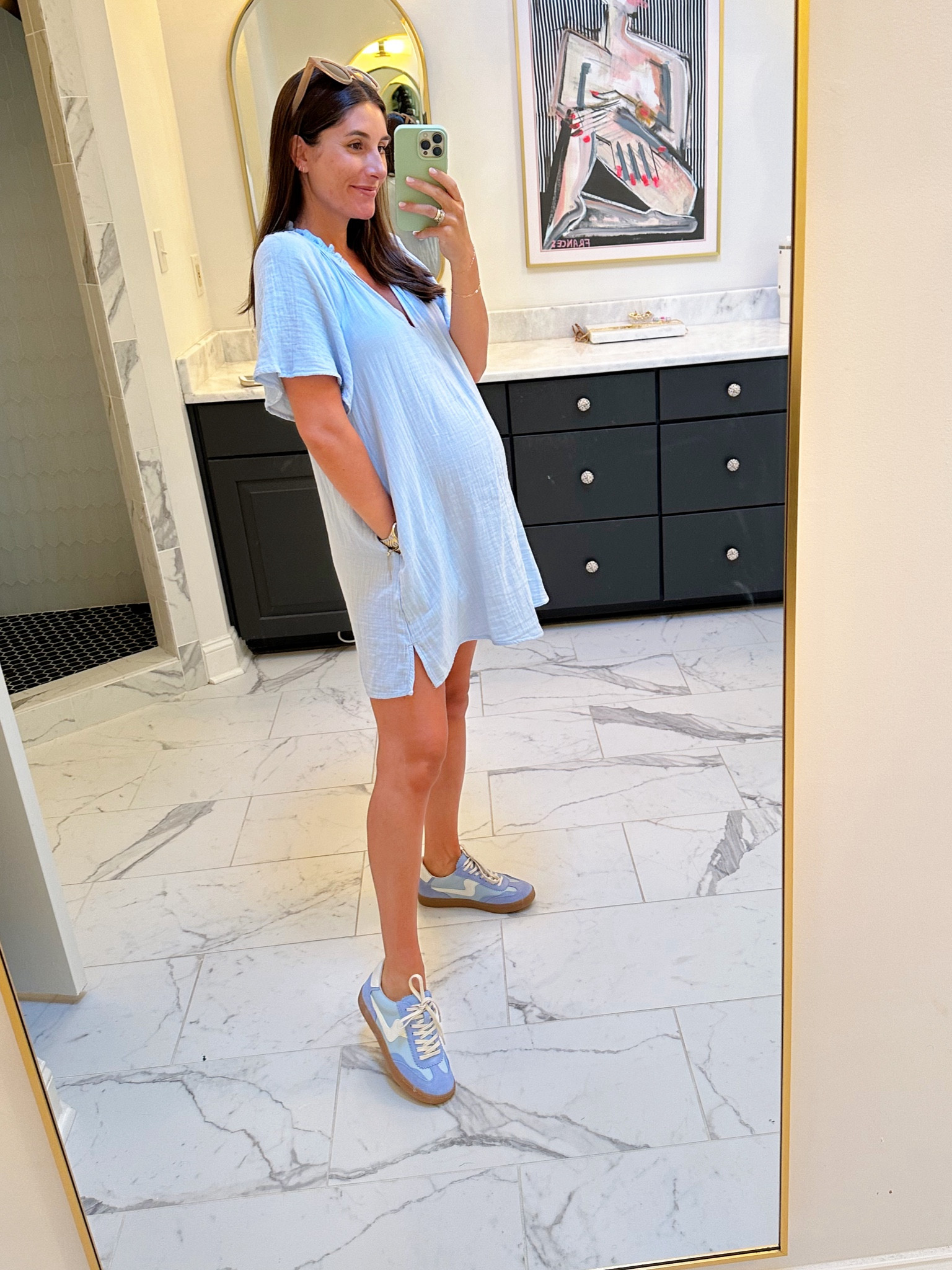 OOTD 🩵 still loving this gauze dress from old navy! In a small petite. I recommend going half a size up in the sneakers! 

#LTKFindsUnder50 #LTKFindsUnder100 #LTKSaleAlert