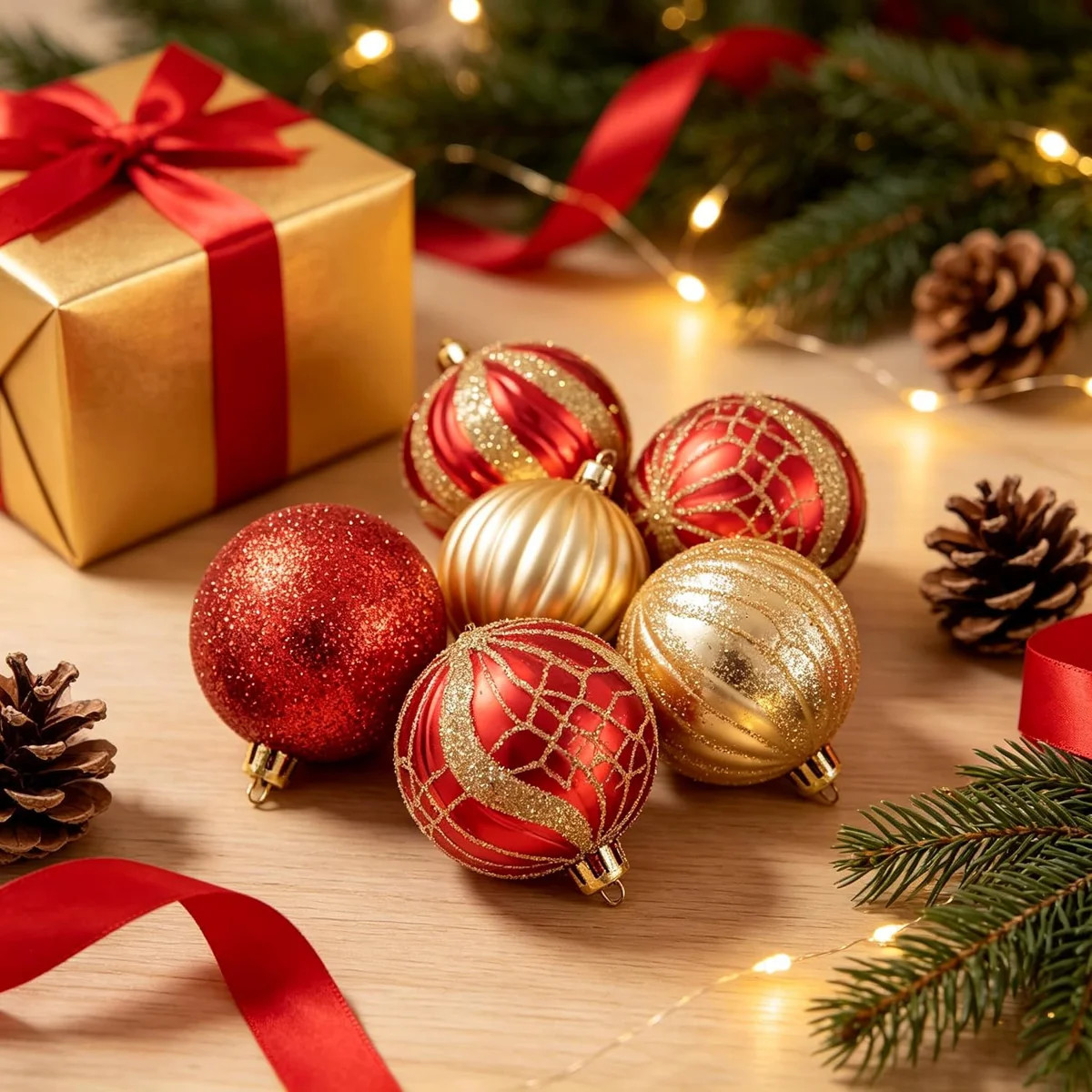 Red and Gold Glitter Christmas Ball Ornaments, Plastic Holiday Tree Decorations | Wayfair North America
