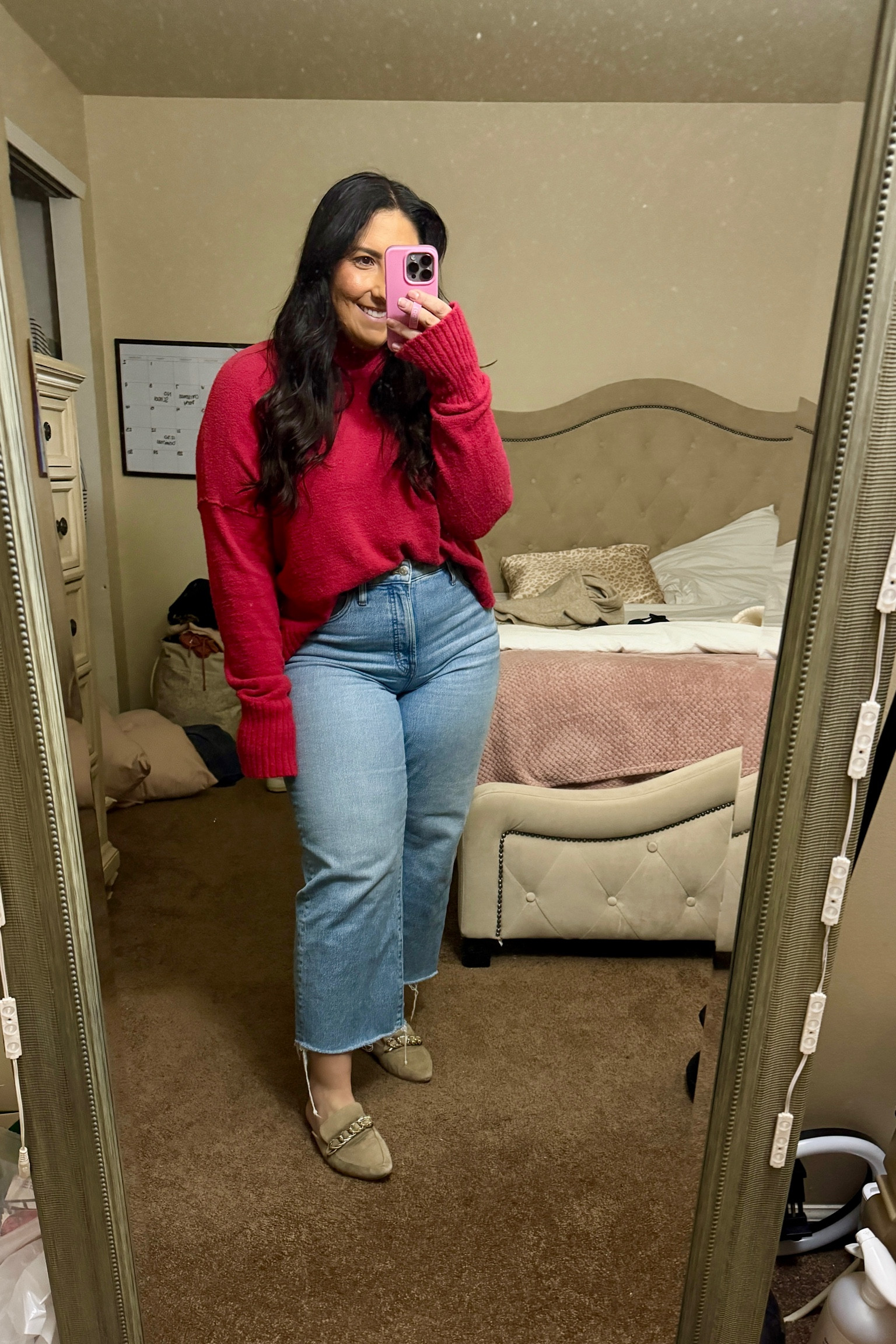 free people red sweater - L 
madewell curve jeans - 31 
steve madden mules - tts

#LTKmidsize #LTKHoliday #LTKSeasonal
