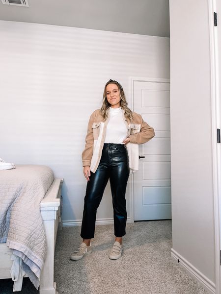 Vegan leather pants outfit shacket outfit bodysuit outfit winter outfit Veja outfit knotted headband outfit 

#LTKshoecrush #LTKSeasonal #LTKstyletip