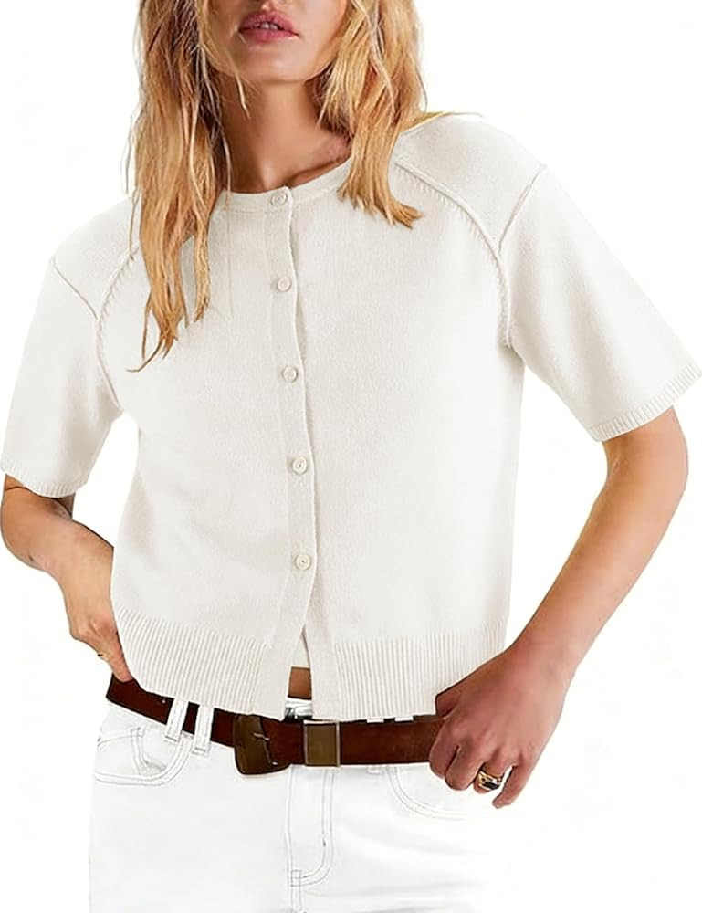 AMEBELLE Cropped Cardigan for Women Short Sleeve Ribbed Knit Button Up Shirt Lightweight Crewneck... | Amazon (US)