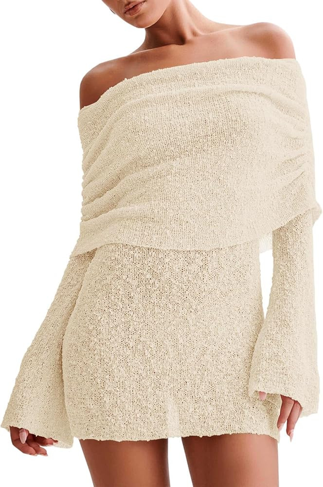 Skoinvb Women's Off Shoulder Cover Ups Summer Beach Swimsuit Long Bell Sleeve Sheer Dress Bathing... | Amazon (US)