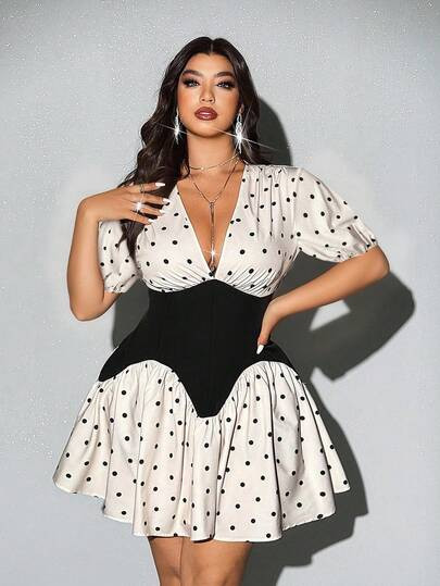 Viva Relle Romantic Sexy V-Neck Polka Dot Print Patchwork Plus Size Fitted Dress | SHEIN UK | SHEIN