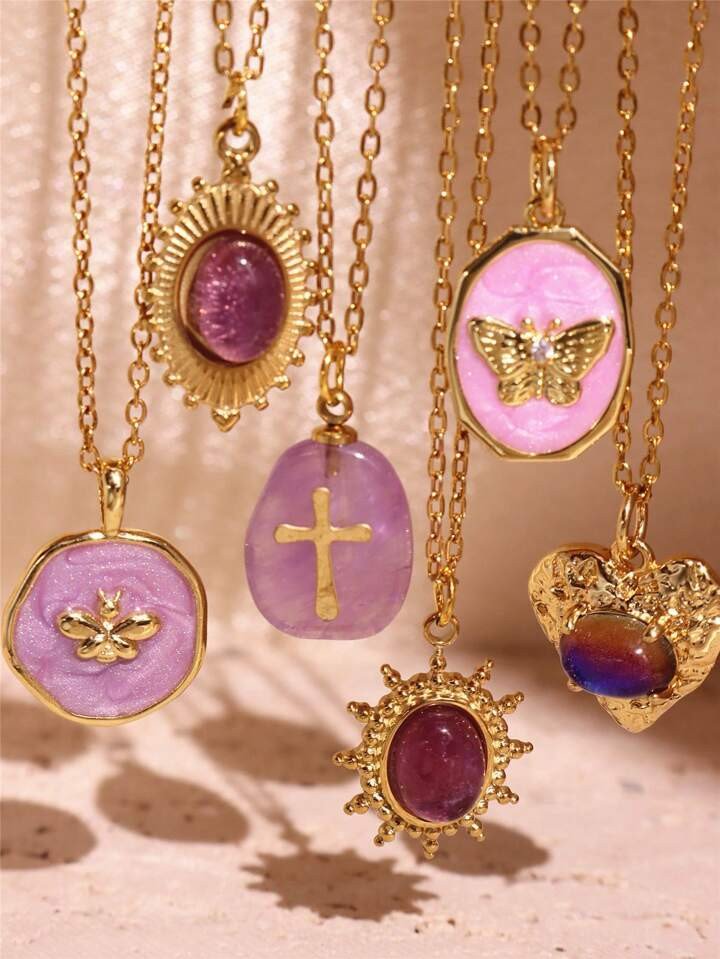 1pc Purple Natural Stone Necklace Enamel Butterfly Flower Cross Heart 18K Gold Plated Stainless S... | SHEIN