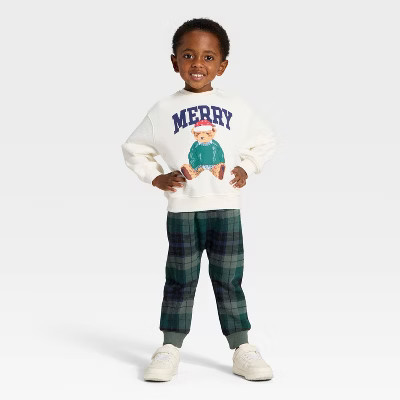Toddler Boys' 2pc Teddy Bear "Merry" Fleece Sweatshirt & Plaid Pants Set - Cream/Green | Target