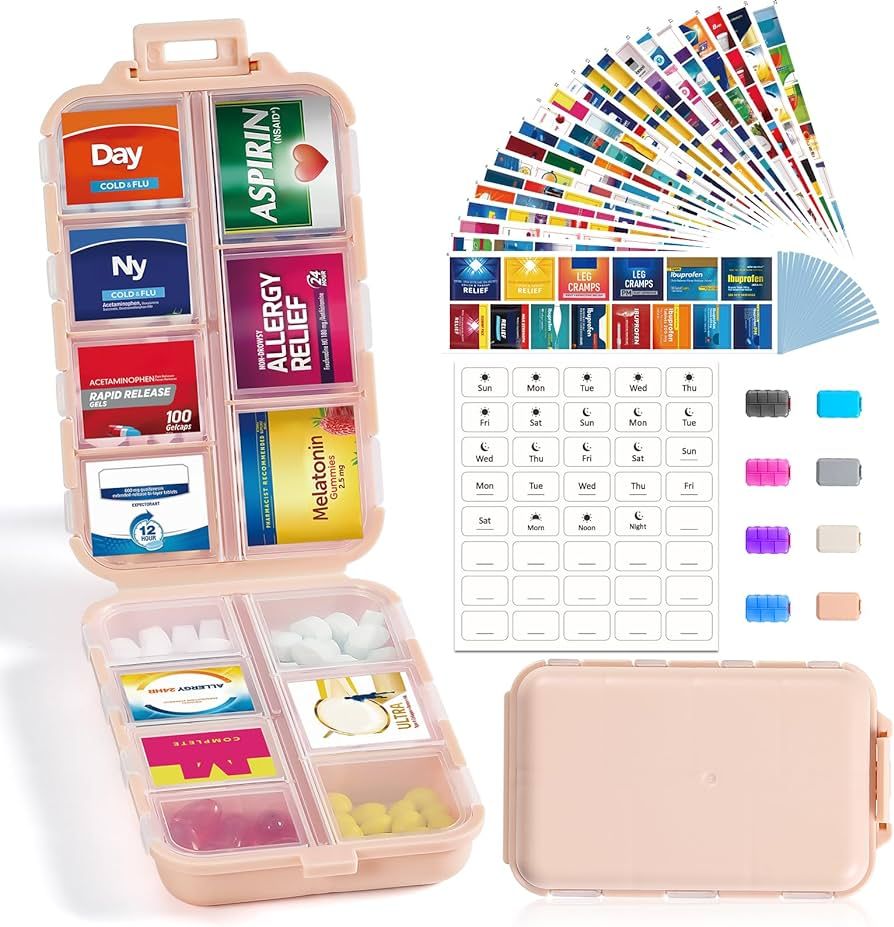 14 GRIDS Travel Pill Organizer Box w/ 294 Brand Labels & 40 White Labels - Portable Small Medicin... | Amazon (US)